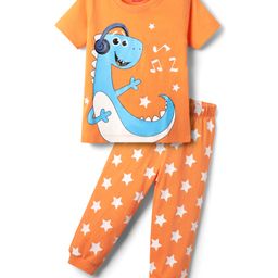 Babyhug Cotton Knit Half Sleeves Night Suit With Dino & Star Print - Orange-image-52