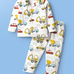 Babyoye Single Jersey With Anti Bacterial Finish Full Sleeves Co-ord Night Suit With Vehicle Print - White-image-84