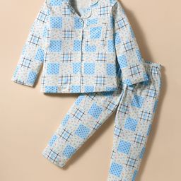 CUCUMBER Sinker Knit Full Sleeves Co-Ords Night Suit With Floral & Polka Dots Print - Light Blue-image-39