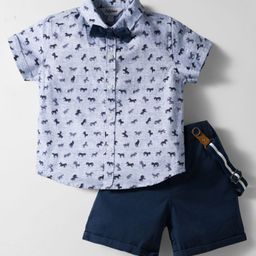 ToffyHouse Cotton Woven Half Sleeves Animal Print Party Shirt & Short Set with Bow & Suspender - Blue & Navy Blue-picture-32
