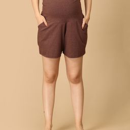 The Mom Store Cotton Lycra Knit Solid Maternity Shorts - Brown-picture-33