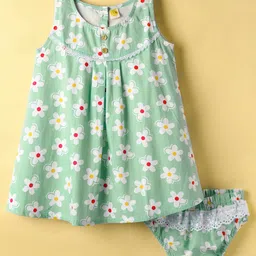 Dew Drops Cotton Knit Sleeveless Frock & Bloomer with Floral Print - Light Green & White-picture-31