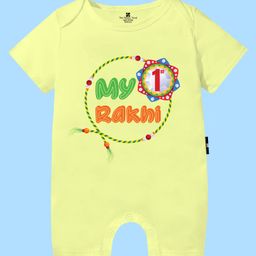 The Peppy Tend 100% Cotton Knit Raksha Bandhan Theme Half Sleeves Our 1st Rakhi Together Text Printed Romper - Yellow-image-75