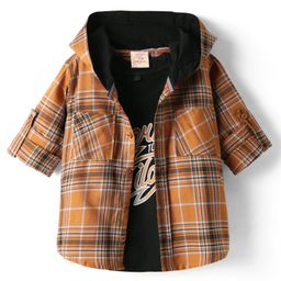 Rikidoos Full Sleeves Checked Hooded Shirt With Tee Set - Brown & Black-image-94
