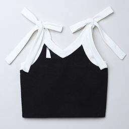 Taffykids Knit Sleeveless Textured Shoulder Tie Up Crop Top - Black & White-picture-0