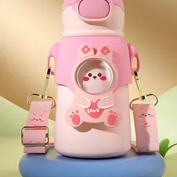 SCHOOLISH Kawaii Water Bottle with Straw, 520ml Stainless Steel Sports Water Bottle Portable Child Thermal Bottle Vacuum Drinking Cups- 520 ml -PACK OF 1 - PINK-picture-2