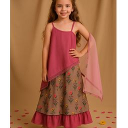 Tales & Stories Woven Sleeveless Floral Printed & Tassels Embellished Indo Western Lehenga Choli With Dupatta Set - Wine-picture-9