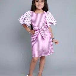 Pink Chick Striped Puff Sleeve A-Line Cotton Dress With Matching Clip-image-93