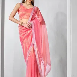 ODETTEWomen Peach Net Embellished Saree With Unstitched Blouse-picture-13