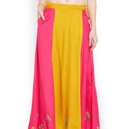 Bitterlime Women Mustard Yellow & Pink Block Print A-Line Skirt-image-39