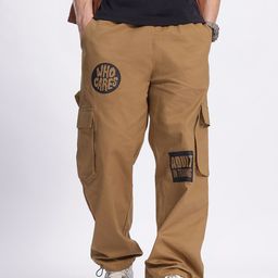 glitchez Men Perfectly Pocketed Typography Printed Pure Cotton Parachute Trousers-image-67