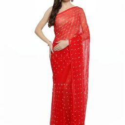 Geroo Jaipur Red Women's Pure Chiifon Saree With Aari And Sequins Work All Over The Saree-picture-29