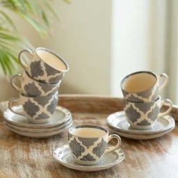 ExclusiveLane Grey & Off White Ceramic Moroccan Essentials 12-Piece Cup & Saucer Set-13