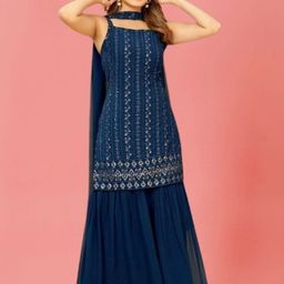 PARROT CREATION Floral Embroidered Georgette A-Line Kurti With Sharara And Dupatta-40