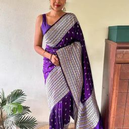 Anjaneya Sarees Purple Banarasi Silk Saree with Unstiched Blouse-image-82