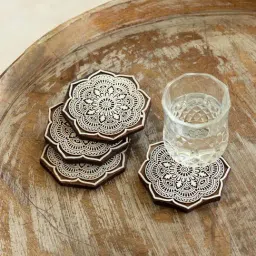 ExclusiveLane Brown & White Sheesham Wood Mandala Block Handcrafted Coasters - Set of 4-picture-14