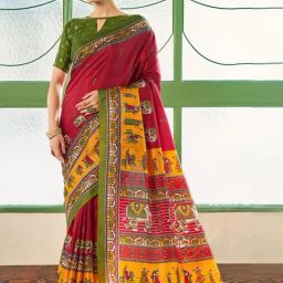 Satrani Maroon Printed Saree With Unstitched Blouse-image-10
