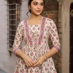 Rain and Rainbow Cream & Pink Cotton Floral Print Top-image-63