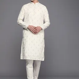 Manyavar Men Cream-Coloured Ethnic Motifs Embroidered Kurta with Churidar-8