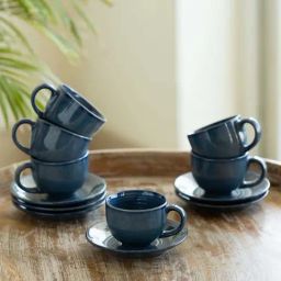 ExclusiveLane Dark Blue Ceramic Ocean Ripples Hand Glazed 12-Piece Cup & Saucer Set-picture-17