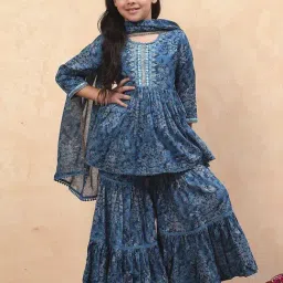 Biba Girls Blue Cotton Floral Print Suit Sets-picture-20