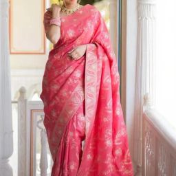 Satrani Pink Woven Saree With Unstitched Blouse-image-19