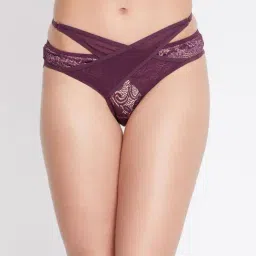 Clovia Mid Waist Bikini Panty with Criss-Cross Tie-up in Mauve - Lace-image-11