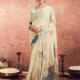 Satrani Beige Cotton Blend Floral Saree With Unstitched Blouse-picture-45