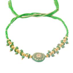 NVR Green Artificial Beads Round Shape Thread Rakhi with Roli Chawal Chandan & Mishri image 2