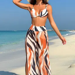 Plus Curvves Printed High Waist Swimwear Coverup Set-image-66