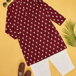 Indus Route by Pantaloons Kids Maroon & White Cotton Floral Print Full Sleeves Kurta Set-image-63