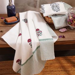 JAYPORE White & Green Floral Printed Block Print Rectangle Cotton 210 GSM Towel Set image 2