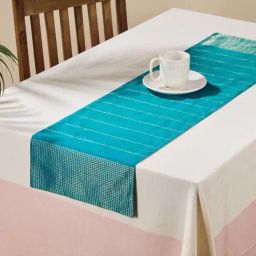 Fabindia Home Teal Cotton Silk 43 GSM Nurvi Chanderi Table Runner-image-20