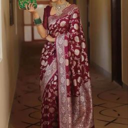 Anjaneya Sarees Maroon Banarasi Silk Saree with Unstiched Blouse-picture-16