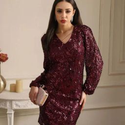 Globus Women Maroon V-Neck Bishop Sleeves Sequinned Mini Bodycon Party Dress-picture-25