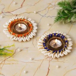 eCraftIndia Orange & Blue Aluminium Cowrie Shell Tea Light Holder - Set of 2-4