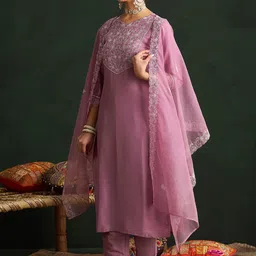 Indo Era Women Floral Yoke Design Regular Thread Work Kurta with Trousers & With Dupatta-picture-15