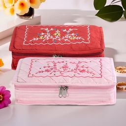 Aura Red and Pink 2 Pieces Embroidered 7-Compartments Jewellery Organisers-26