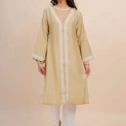 House of Kari Saba Chikankari Beige Long Kurta In Muslin-image-1