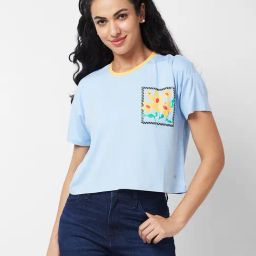 Spykar Sky Blue Floral Print Crop T-Shirt-23