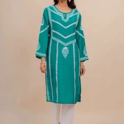 House of Kari Saba Chikankari Turkish Green N Muslin Long Kurta-image-0