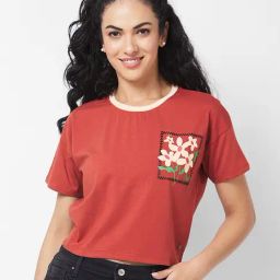 Spykar Brown Floral Print Crop T-Shirt-47
