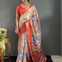 DIVASTRI Kanjeevaram Silk Kalamkari Print Saree With Unstitched Blouse Piece-image-59