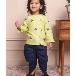 Polka Tots Full Sleeves Elephant Printed Angrakha Style Kurta  With Solid Dhoti - Green-image-50