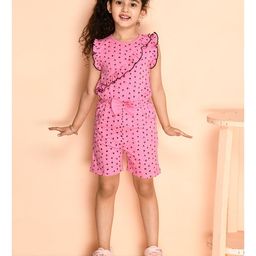 Kids Cave Frill Cap Sleeves Polka Dots Printed & Frilll Detailed Flower Printed Jumpsuit - Pink-image-89