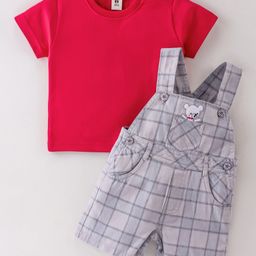 ToffyHouse Woven Cotton Checked Dungaree with Half Sleeves Solid Colour Inner T-Shirt -Grey & Red-image-44