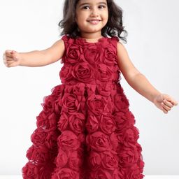 Babyhug Woven Sleeveless Fit and Flare Party Dress with 3D Flowers Applique - Red-image-6
