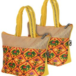 Kuber Industries Polyester Elephant Print Hand Bag For Women Girls With Handle Pack of 2,Yellow, 54KM4036-72