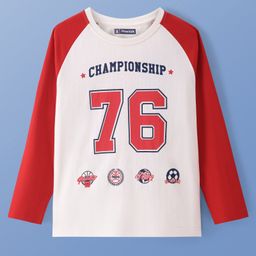 Pine Kids Cotton Knit Full Raglan Sleeves Text Printed T-Shirt - White & Red-image-94