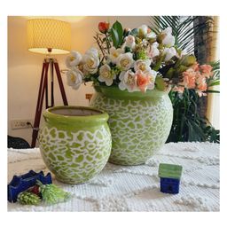 Niyara Drop Texture Designer Handmade Handi Combo Ceramic planters Pot for Indoor - Monsoon Green-26